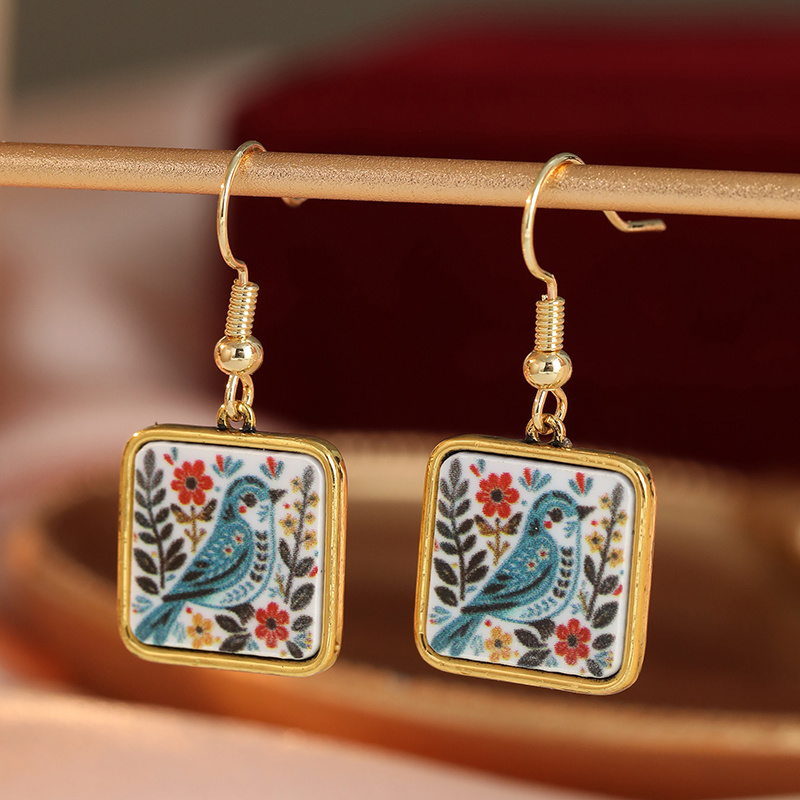 Ladies' Square Printed Earrings with Blue Bird & Red Flower Design